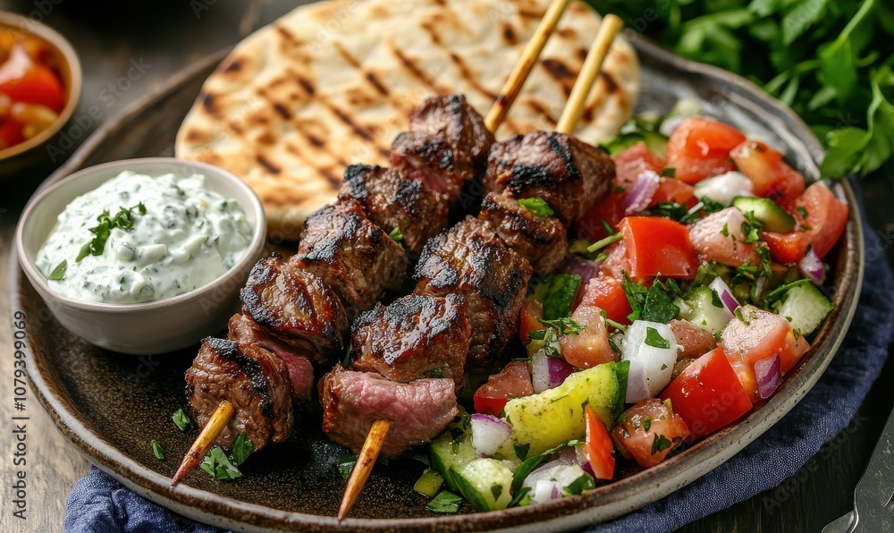Greek Lamb Souvlaki Plate with Pita, Tzatziki, and Fresh Greek Salad for Culinary Inspiration Greek Lamb Souvlaki Plate with Pita, Tzatziki, and Fresh Greek Salad for Culinary Inspiration