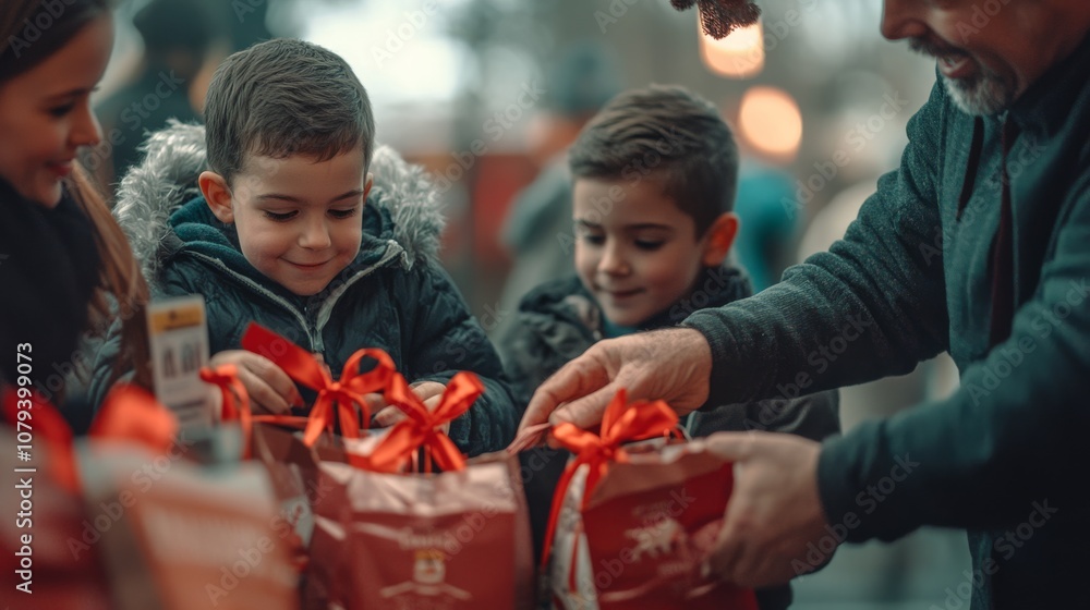 Obraz premium Two excited young boys receive gifts wrapped in red paper, their delighted expressions capturing the spirit of giving and warmth in a festive atmosphere.
