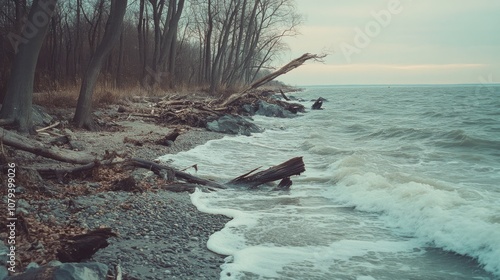 A serene shoreline with scattered driftwood and crashing waves, evoking tranquility and the raw beauty of nature's embrace.