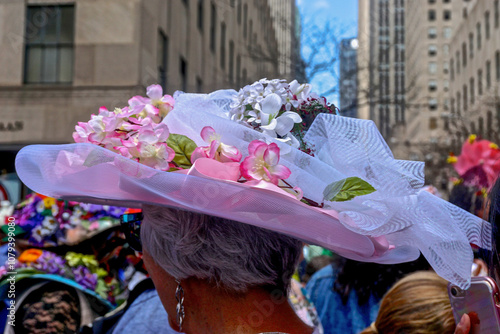 Sticker New York, New York: A woman wearing a pink and white flowered Easter bonnet at the annual Fifth Avenue Easter Parade