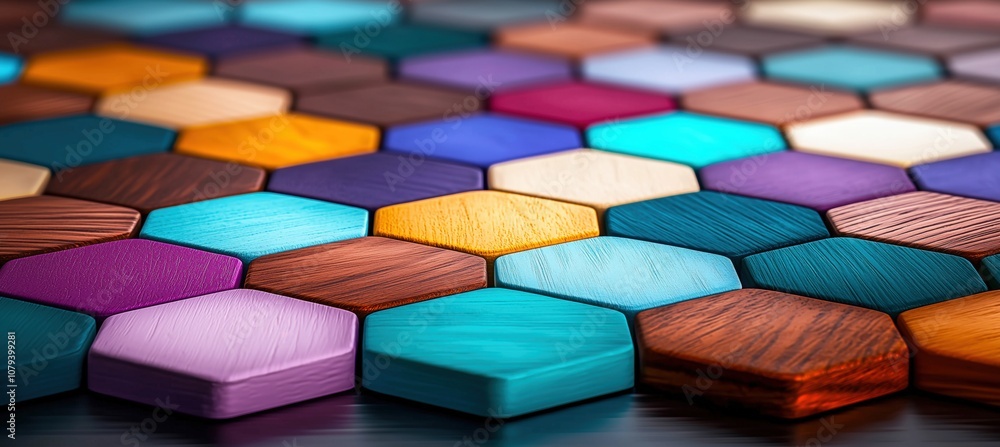 Close-up of vibrant wooden hexagon tiles in varied colors and textures, arranged in a honeycomb pattern. Ideal for design and decor concepts. Close-up of vibrant wooden hexagon tiles in varied colors and textures, arranged in a honeycomb pattern. Ideal for design and decor concepts.