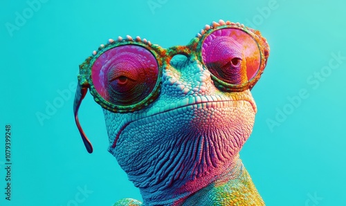 Generative AI illustration of chameleon with sunglasses with pink skin in blue background