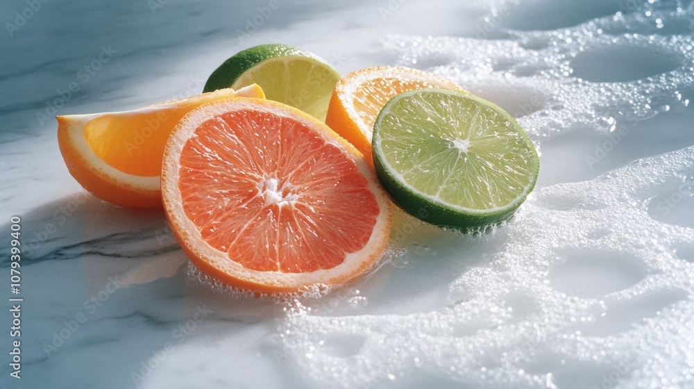 Sliced citrus fruits gleam under sunlight on a marble surface, highlighting their vibrant colors and juicy freshness. Sliced citrus fruits gleam under sunlight on a marble surface, highlighting their vibrant colors and juicy freshness.