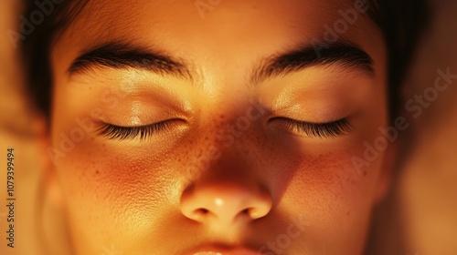 Close-up of a relaxed face in meditation, with closed eyes and a calm expression, gentle shadows on soft skin, minimal background, exuding peace and tranquility for a serene, natural look.
