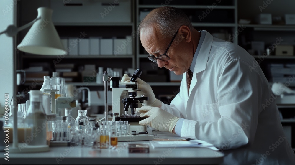An elderly scientist peers through a microscope, deeply concentrated in a cluttered lab filled with glass bottles and research materials, embodying dedication. An elderly scientist peers through a microscope, deeply concentrated in a cluttered lab filled with glass bottles and research materials, embodying dedication.
