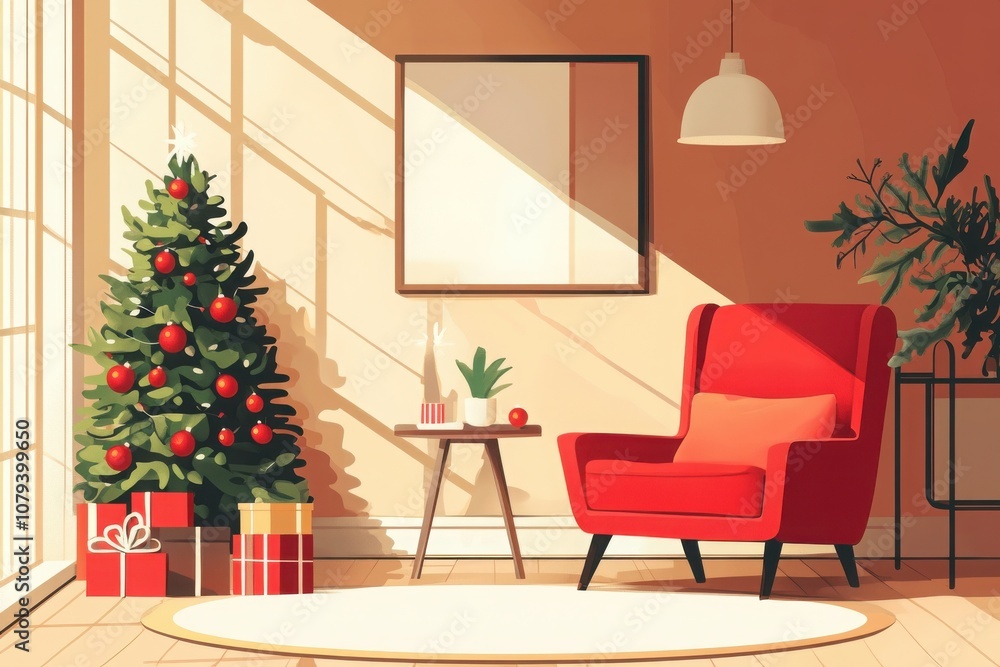 Cozy christmas living room with decorated tree and gifts in warm tones Cozy christmas living room with decorated tree and gifts in warm tones