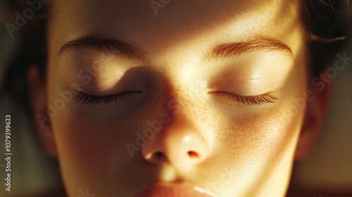 Close-up of a relaxed face in meditation, with closed eyes and a calm expression, gentle shadows on soft skin, minimal background, exuding peace and tranquility for a serene, natural look.