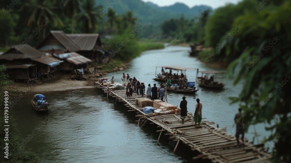 Villagers gather on a wooden bridge spanning a serene river, surrounded by tropical greenery and mountains, as traditional boats glide past. Villagers gather on a wooden bridge spanning a serene river, surrounded by tropical greenery and mountains, as traditional boats glide past.