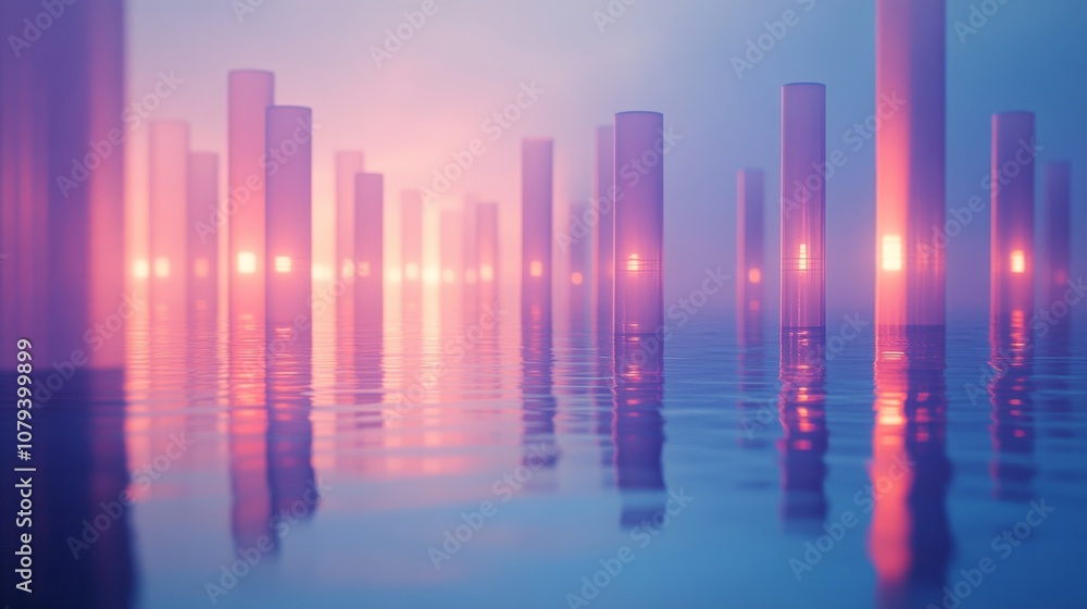 Ethereal scene of glowing vertical pillars mirrored on a serene water surface, creating a dreamy, futuristic landscape at twilight. Ethereal scene of glowing vertical pillars mirrored on a serene water surface, creating a dreamy, futuristic landscape at twilight.
