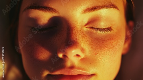 Close-up of a relaxed face in meditation, with closed eyes and a calm expression, gentle shadows on soft skin, minimal background, exuding peace and tranquility for a serene, natural look.