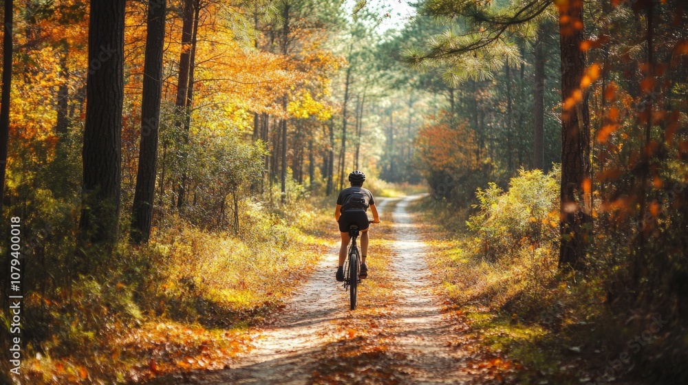 A cyclist navigates a sunlit forest path, surrounded by vibrant autumn leaves, capturing the essence of an adventurous ride through nature. A cyclist navigates a sunlit forest path, surrounded by vibrant autumn leaves, capturing the essence of an adventurous ride through nature.