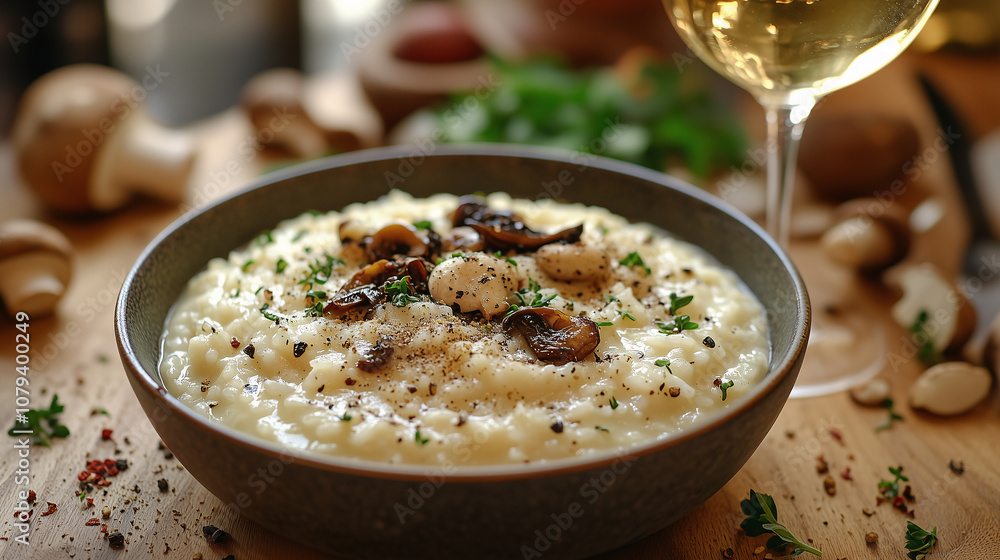 Creamy italian risotto with sauteed porcini mushrooms, fresh herbs, and black pepper, served in a rustic bowl Creamy italian risotto with sauteed porcini mushrooms, fresh herbs, and black pepper, served in a rustic bowl