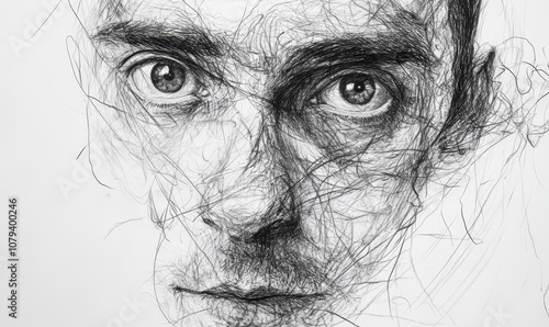 Expressive charcoal drawing of a man's complex gaze Generative AI image