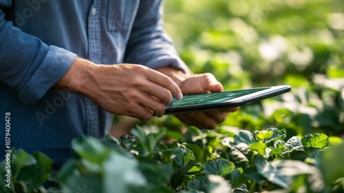 A farmer checks crops with a tablet in hand, amidst lush plants, symbolizing the blend of modern technology and agriculture.