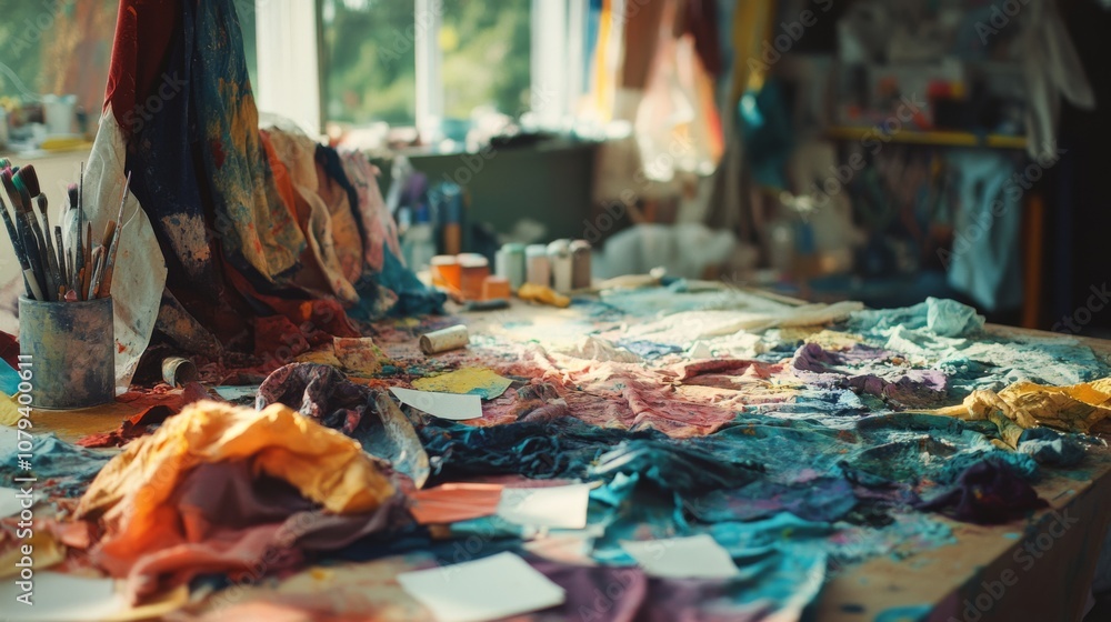 Obraz premium Bright studio filled with fabric, paints, and artistic chaos where creativity thrives, suggesting an artist's sanctuary rich with inspiration and possibility.