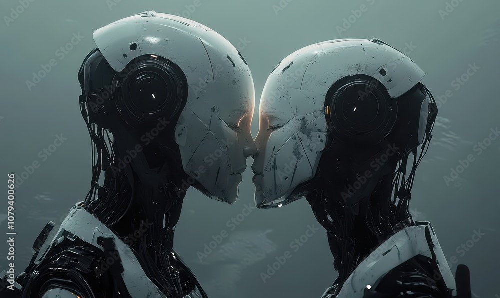 Futuristic robots in a tender kiss, face-to-face moment. Generative AI image Futuristic robots in a tender kiss, face-to-face moment. Generative AI image