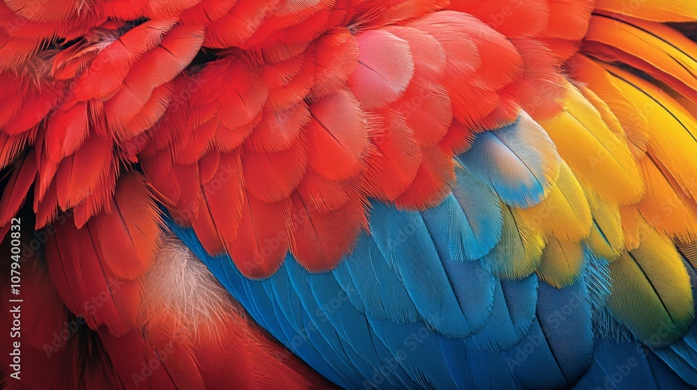 Fototapeta premium Vivid close-up of a parrot's feathers showcasing striking colors and mesmerizing patterns in vibrant detail.