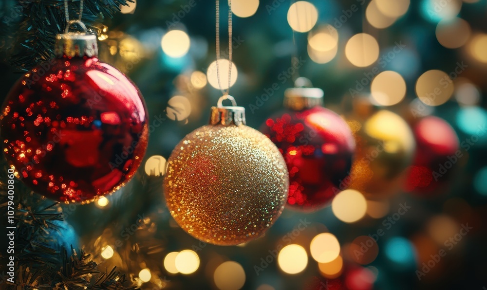 Fototapeta premium Holiday decorations. Festive Christmas decorations in vibrant colors, New Year celebrations