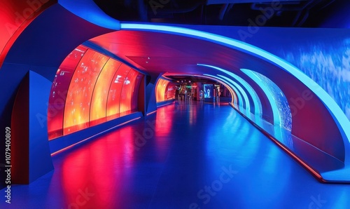 Futuristic corridor illuminated by blue and red lights in a high-tech setting, showcasing advanced technology in a sleek design