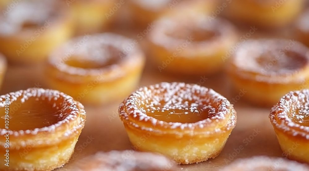 A close-up of several mini egg tarts dusted with powdered sugar on a wooden surface. The tarts are filled with a creamy custard and have a flaky crust A close-up of several mini egg tarts dusted with powdered sugar on a wooden surface. The tarts are filled with a creamy custard and have a flaky crust