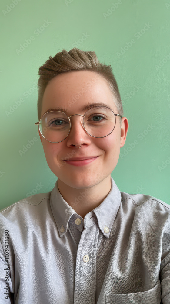 A young adult male with short hair and glasses smiles warmly against a mint green background, showcasing a stylish button-up shirt. A young adult male with short hair and glasses smiles warmly against a mint green background, showcasing a stylish button-up shirt.