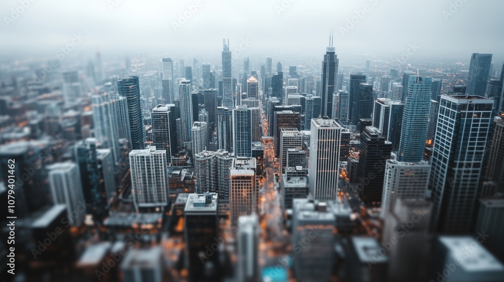 Obraz premium A vast cityscape stretches into the foggy horizon, blending urban density with the mysterious beauty of a mist-shrouded skyline.