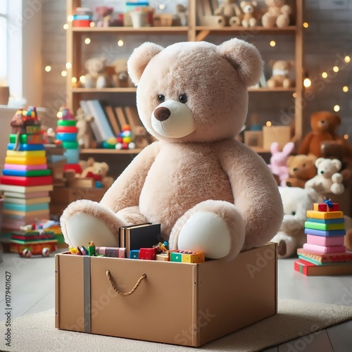 Wallpaper Mural A teddy bear sits atop a cardboard box filled with toys, likely gathered for donation or charitable distribution. Torontodigital.ca