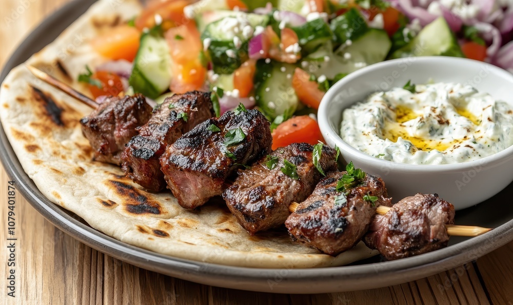 Greek Lamb Souvlaki Plate with Pita, Tzatziki, and Fresh Greek Salad for Culinary Inspiration Greek Lamb Souvlaki Plate with Pita, Tzatziki, and Fresh Greek Salad for Culinary Inspiration