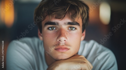 Portrait of a contemplative young man with captivating eyes, resting his chin on folded hands, exuding introspection and youthful depth.