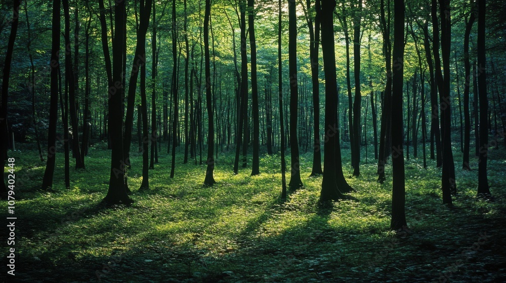 Fototapeta premium Sunlight filters through a lush forest canopy, casting soft shadows on the verdant forest floor, creating a tranquil and magical green sanctuary.