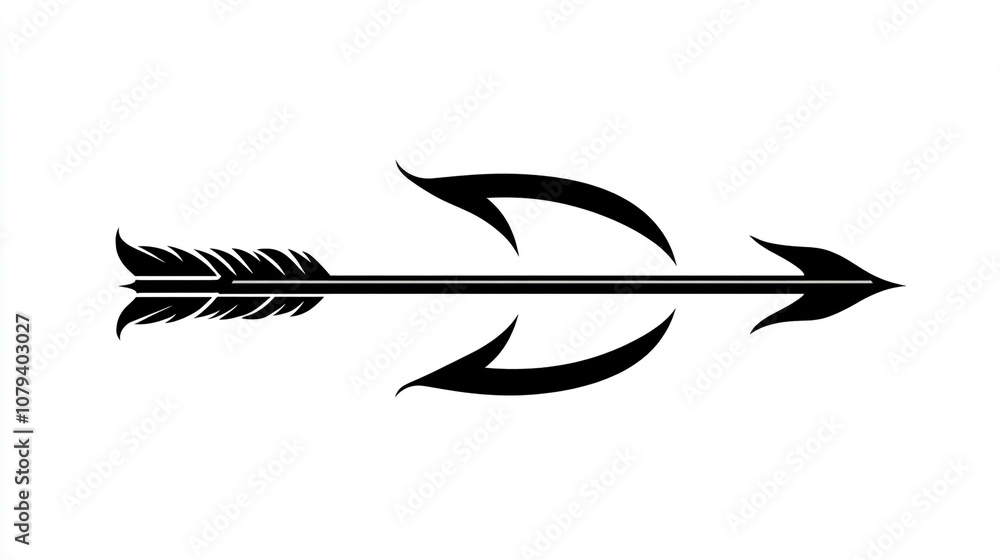 Arrow with Fletching and Curved Design Black and White Graphic Arrow with Fletching and Curved Design Black and White Graphic