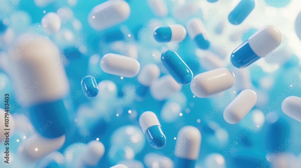 Dynamic blue and white capsules suspended in mid air conveying a sense of motion and symbolizing advancement in pharmaceutical innovation and healthcare Dynamic blue and white capsules suspended in mid air conveying a sense of motion and symbolizing advancement in pharmaceutical innovation and healthcare