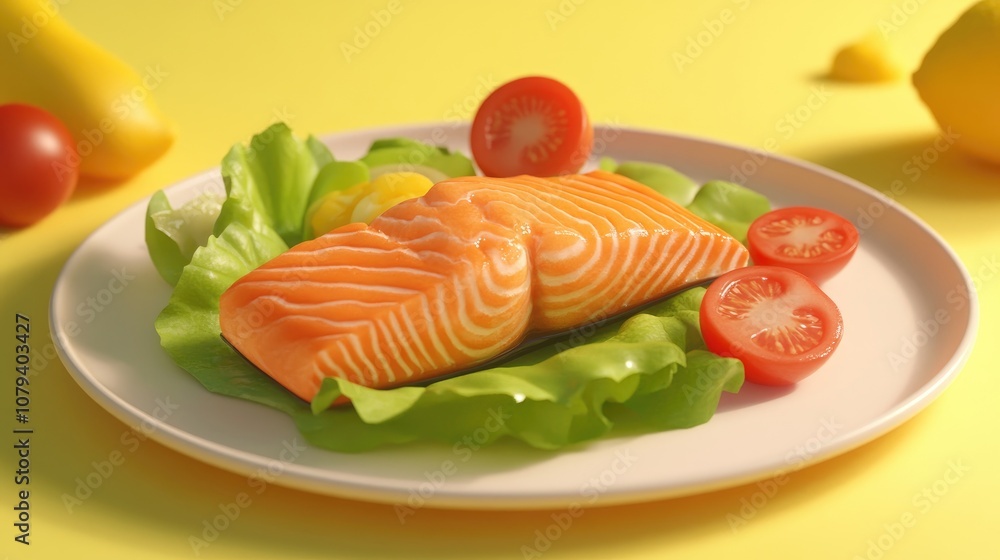 Grilled salmon fillet served with fresh green lettuce tomato salad and avocado guacamole A concept for balanced nutrition and a clean eating flexitarian Mediterranean diet Grilled salmon fillet served with fresh green lettuce tomato salad and avocado guacamole A concept for balanced nutrition and a clean eating flexitarian Mediterranean diet