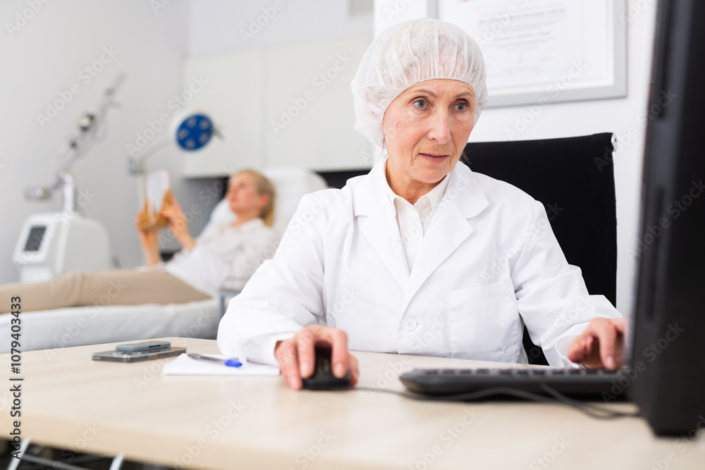 Positive elderly female cosmetologist working with laptop filling out medical form of patient before procedures in aesthetic medicine office Positive elderly female cosmetologist working with laptop filling out medical form of patient before procedures in aesthetic medicine office