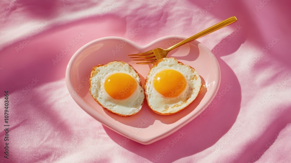 heart shaped plate with fried eggs on a pink background, golden fork, breakfast concept, romantic breakfast, food photography, minimalistic style, playful presentation, culinary art description heart shaped plate with fried eggs on a pink background, golden fork, breakfast concept, romantic breakfast, food photography, minimalistic style, playful presentation, culinary art description