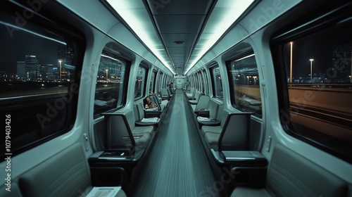 A view inside a sleek, modern train gliding through a nighttime cityscape, showcasing contemporary design and the future of transit.