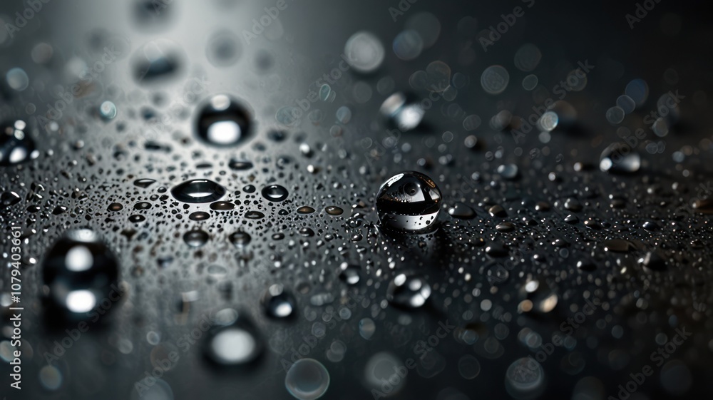 Close-up of water droplets on a dark surface. Close-up of water droplets on a dark surface.