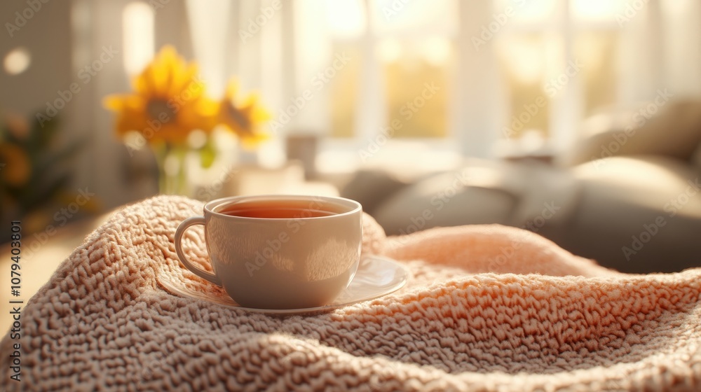 Comforting Tea Experience Wrapped in a Soft Knit Blanket Under Bright Sunlight Comforting Tea Experience Wrapped in a Soft Knit Blanket Under Bright Sunlight