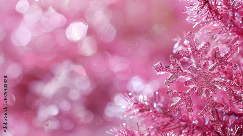 Pink winter wonderland with sparkling snowflake and festive bokeh background for holiday designs Pink winter wonderland with sparkling snowflake and festive bokeh background for holiday designs