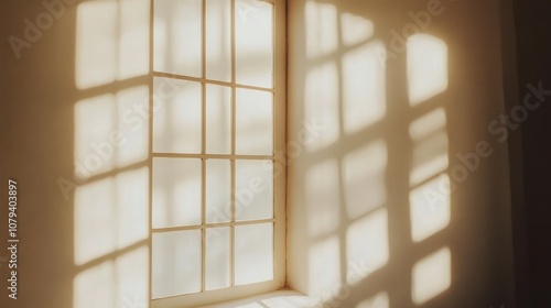 Sunlight casts intricate shadows through a window  creating a serene and contemplative atmosphere.