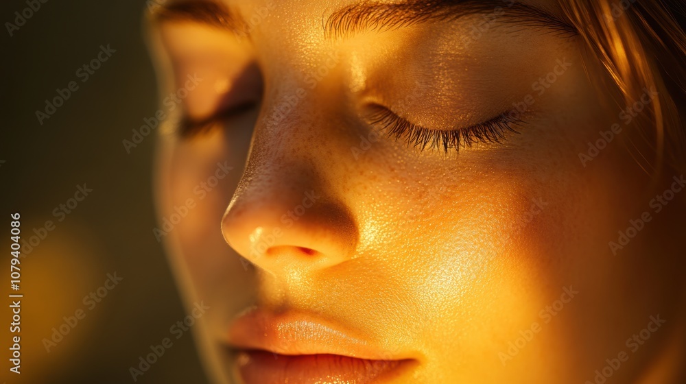 Close-up of a serene face in a meditative pose, eyes gently closed, relaxed expression, soft natural light illuminating the facial features, minimal background highlighting tranquility. Close-up of a serene face in a meditative pose, eyes gently closed, relaxed expression, soft natural light illuminating the facial features, minimal background highlighting tranquility.