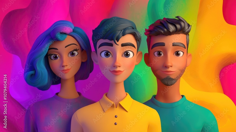Three appealing individuals against a vibrant background symbolizing a non monogamous relationship Three appealing individuals against a vibrant background symbolizing a non monogamous relationship