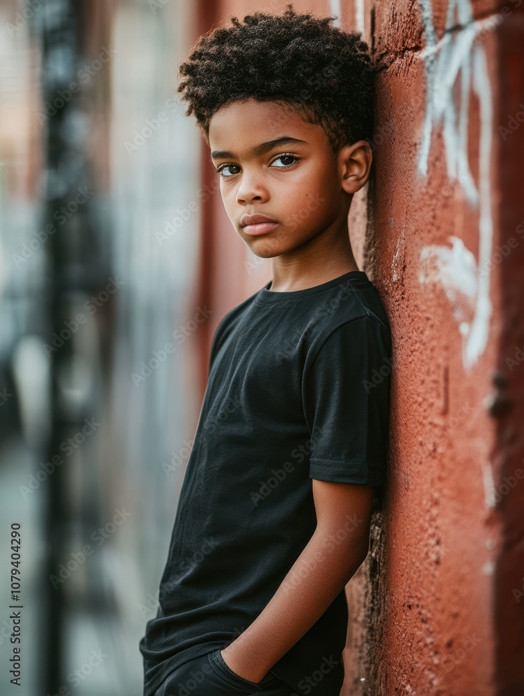 Obraz premium Generative AI image of serious ethnic kid standing near wall while looking at camera against blurred background