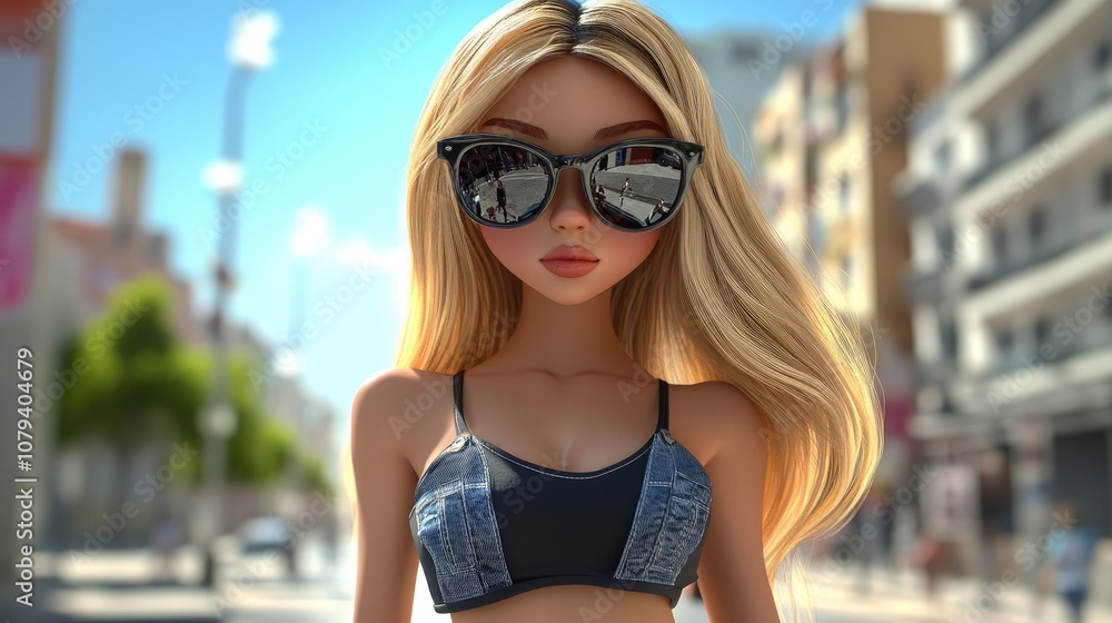 Stylish blonde hipster girl wearing trendy sunglasses and black summer attire including a T shirt and denim shorts strolls through an urban setting Stylish blonde hipster girl wearing trendy sunglasses and black summer attire including a T shirt and denim shorts strolls through an urban setting