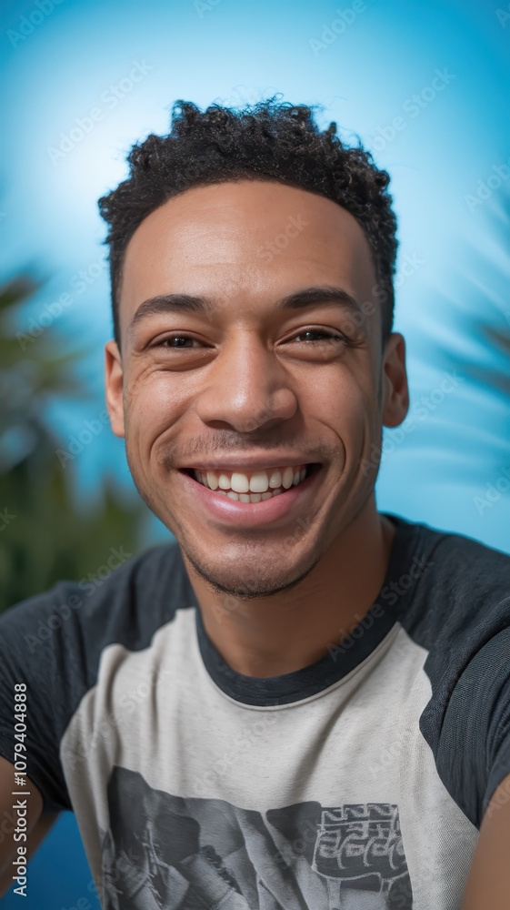 Smiling young Black man with curly hair, wearing a casual T-shirt, radiating joy against a bright blue background. Smiling young Black man with curly hair, wearing a casual T-shirt, radiating joy against a bright blue background.