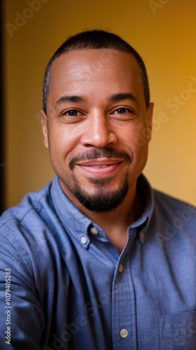 A smiling African American man with a short beard, dressed in a blue shirt, gazes confidently at the camera against a warm, golden backdrop.