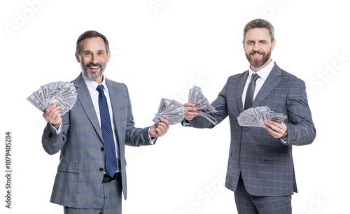 rich and successful businessmen. millionaire lifestyle. business success of millionaire. businessmen dealing with money. millionaire business men with money isolated on white. profitability photo