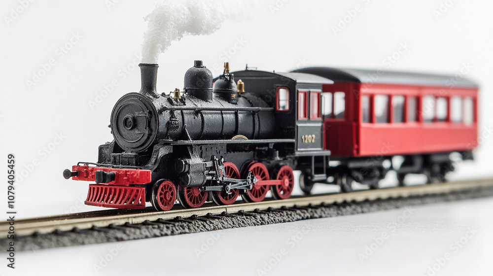 Obraz premium Steam Locomotive Model Train on Tracks with Smoke Vintage Toy Train