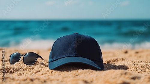 Realistic Cap Mockup with a Beach Background and Sunset Lighting, Perfect for Fashion Branding, Apparel Design, E-Commerce Product Showcases, and Promotional Merchandise in a Summer Setting