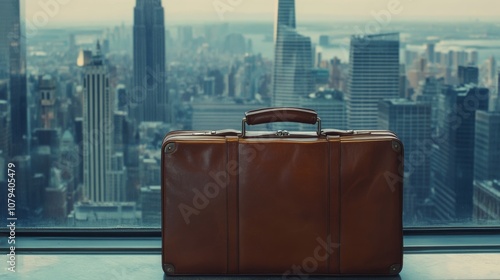 Amidst the towering city skyline, a lone suitcase symbolizes adventure and the allure of unknown journeys awaiting beyond the urban jungle. photo